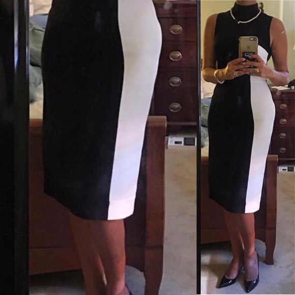 Timeless monochrome color-block fitted midi dress. - Picture 1 of 3